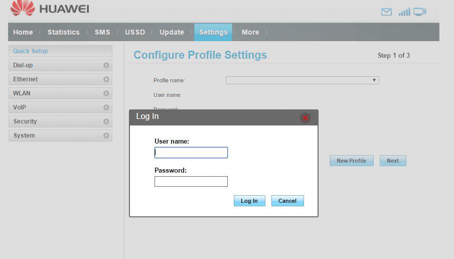 Lakukan login dengan mengisi username dengan “User”dan password dengan “HuaweiUser”
